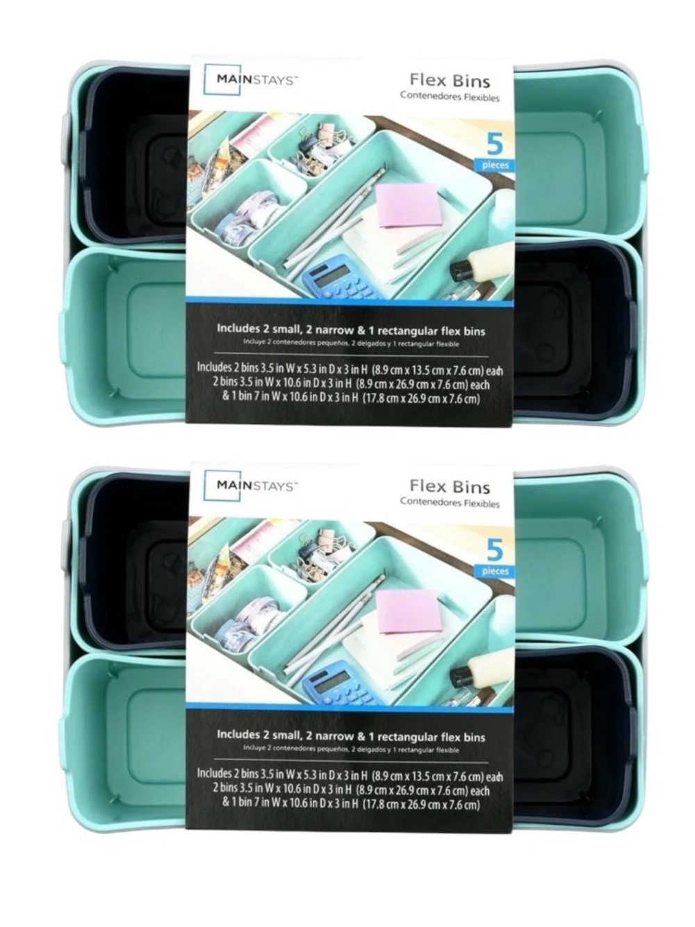 Set of 2 MAINSTAYS 5-Piece Flexible Plastic Drawer Organizer Storage Bin Sets